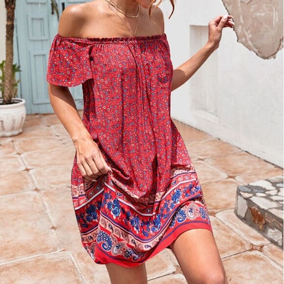 Anna-Kaci California Rustic Red Double Textured Tiered Floral Women'Dress, Sz S - Picture 4 of 11